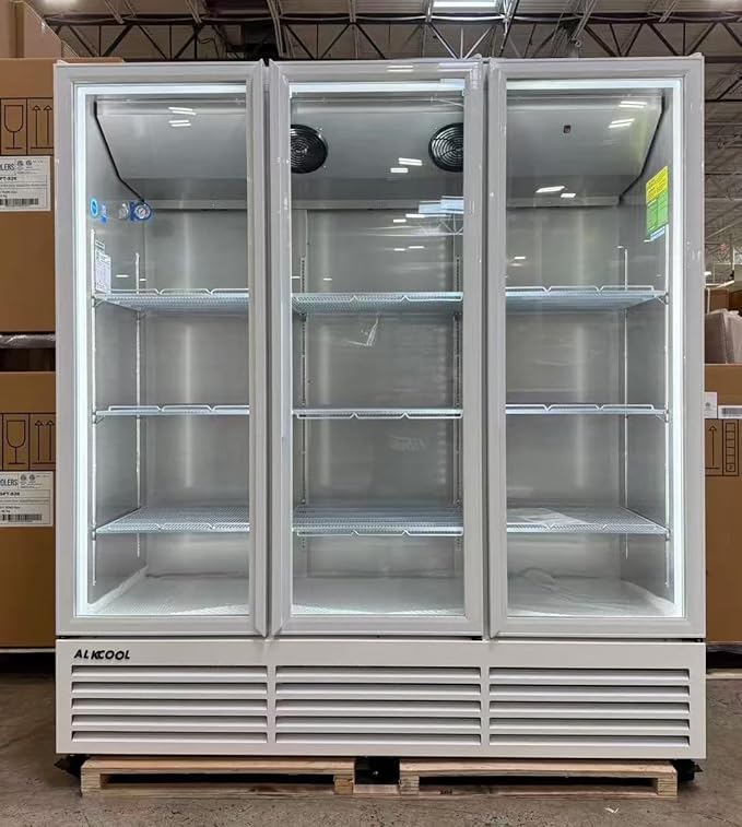 71” Wide Commercial Beverage Refrigerator Display Fridge, Three Glass Door Merchandiser Drink Cooler With LED Light Adjustable Shelves,ETL Sanitation,63.5 Cu Ft,White,(Wheels Included)