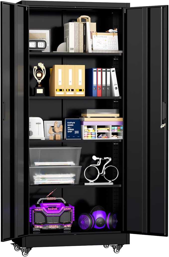 Superday Garage Storage Cabinet with Wheels，73" H Metal Storage Cabinet with Doors and Adjustable Shelves, Lockable Steel Utility Tool Cabinets for Garage, Home Office, Kitchen(Black)
