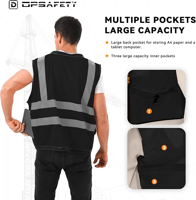 Reflective Safety vest With back plan pocket,High visibility Class 2 Heavy Duty Surveyor Vest with Zipper,Hi Vis Vest ANSI/ISEA Standard, Construction Work Vest for Men＆Women(Black,L)