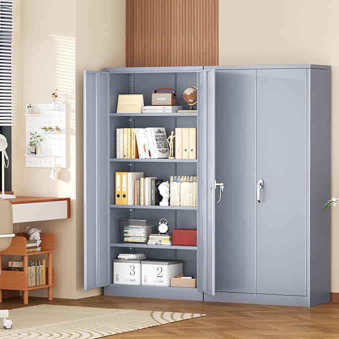 Superday Metal Storage Cabinet with Lock, 72" H Garage Storage Cabinet with Doors and 4 Adjustable Shelves,Grey Steel Locking Cabinets for Office, Home, Garage, Gym, School