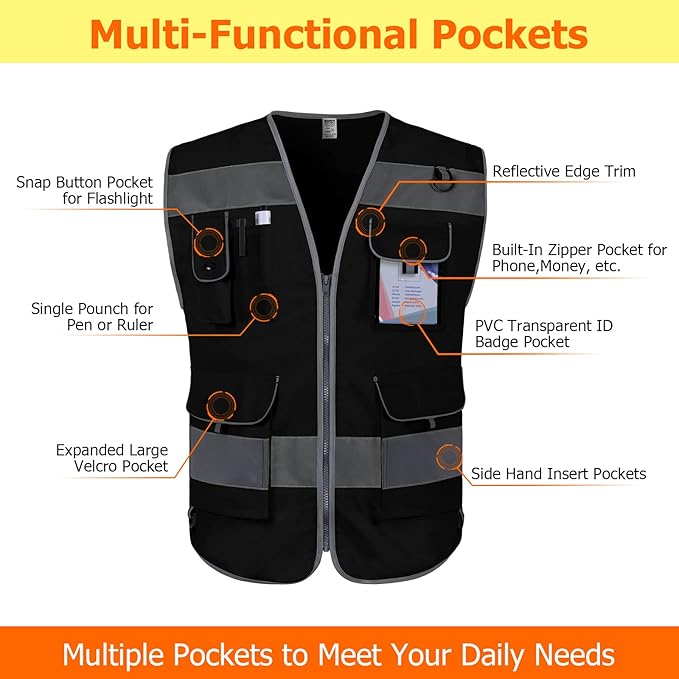 TCCFCCT Hi Vis Vest, 9 Pockets High Visibility Reflective Safety Vest for Men Women, Safety Construction Vest with Reflective Strips, Meets ANSI/ISEA Standards, (Black, Medium)