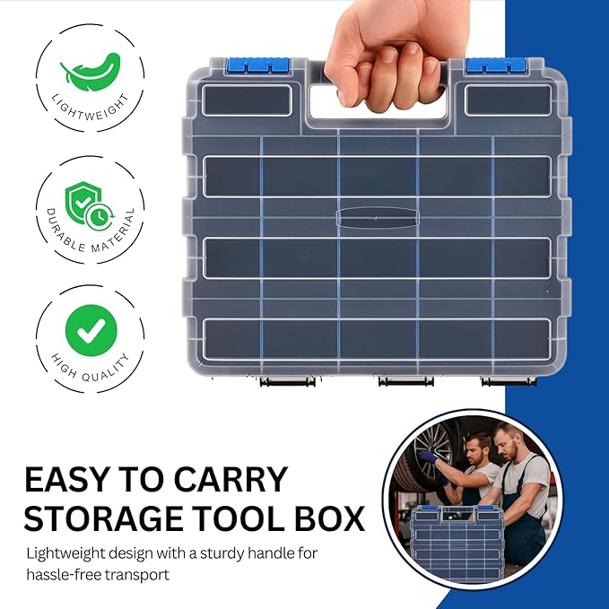 Andalus Tools Organizer Box, Small Parts Storage 34-Compartment Double-Sided Portable Hardware Organizer Removable Plastic Dividers for Screws, Nuts, Bolts, Nails – Blue (2 Pack, 12.5" x 10.5" x 3")