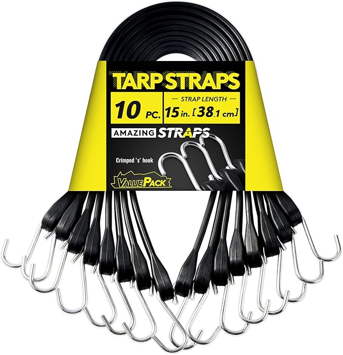 15'' Rubber Bungee Cords Heavy Duty Outdoor with 27" Max Stretch & Over 176 lbs Load, 100% EPDM Black Bungee Straps with Crimped S Hooks for Cargo, Tarps, Truck, Motorcycle, Weatherproof (10 Pack)