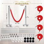 8Pcs Sliver Stanchion Post Queue Velvet Ropes and Posts with Soild Base and 4pcs 5 Ft Red Velvet Ropes Carpet Ropes Posts Stanchion Set Crowd Control Barriers for Party Supplies
