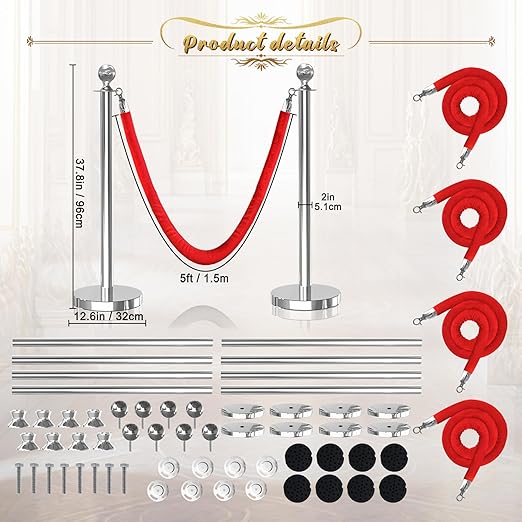 8Pcs Sliver Stanchion Post Queue Velvet Ropes and Posts with Soild Base and 4pcs 5 Ft Red Velvet Ropes Carpet Ropes Posts Stanchion Set Crowd Control Barriers for Party Supplies