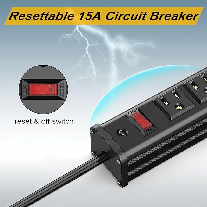10-Pack Long Surge Protector Power Strip,16 Outlet Heavy Duty Power Strip Metal Power Bar,10 FT Long Extension Cord with Circuit Breaker for Garage,Workshop, 125V/1875W, ETL Listed, Black