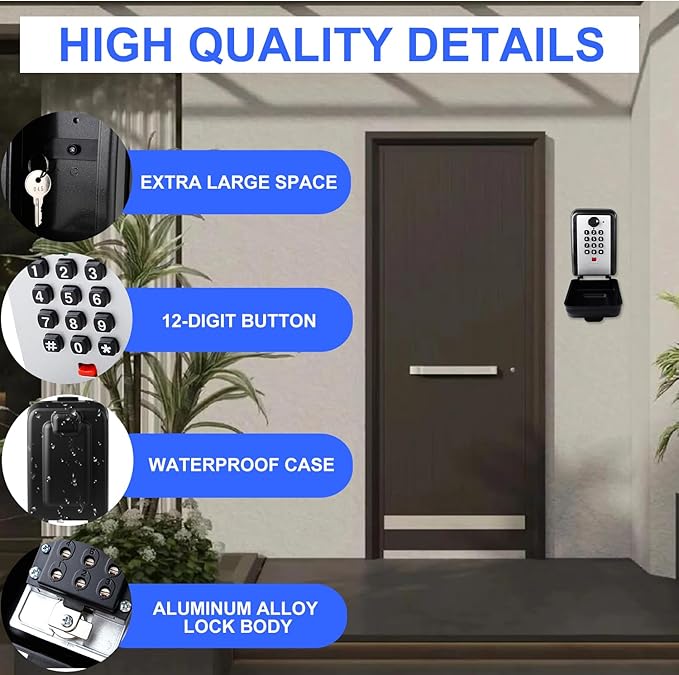Key Lock Box, 12-Digit Code, Weatherproof Wall Mount, Large Capacity 5-8 Keys, Aluminum Alloy (Silver, 3.58 * 2.24 * 5.28IN)