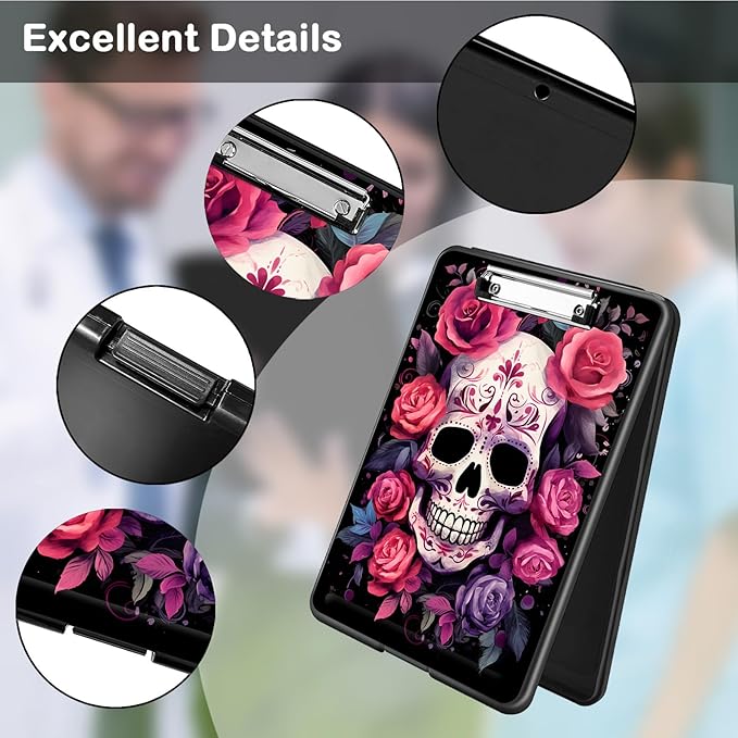 Clipboard with Storage,Office Supplies Nursing Clipboards Folder with Pen Holder Plastic Foldable Clip Board with Storage for Nurse Teacher,Flowers Skull