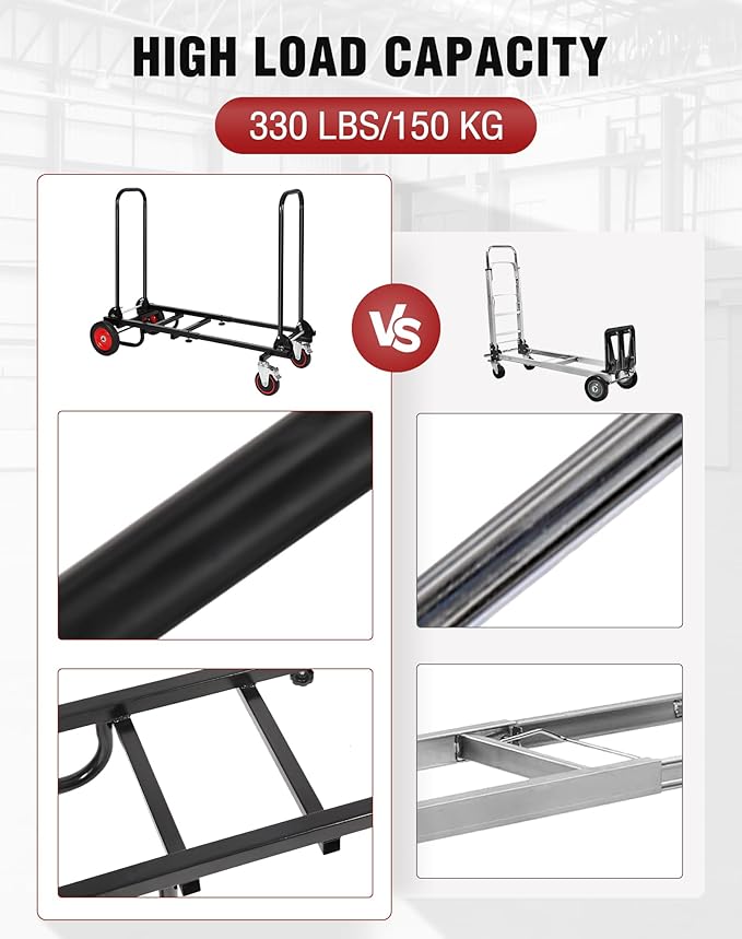 RedSwing Folding Multi-Utility Dolly Cart, Heavy Duty 8-in-1 Convertible Cart Adjustable Hand Truck/Platform Cart with R-Trac Wheels, 38" to 48" Telescoping Frame, 330lbs Load Capacity
