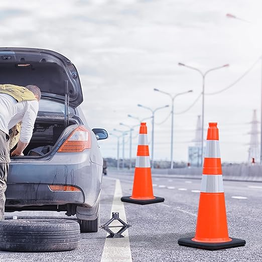 28 inch Traffic Safety Cones Orange Road Cones, Construction Cone with Rubber Base & Reflective Collars, Restorable Parking Cones, Heavy Duty Road Cones for Traffic Control & Road Safty(8 Pack）
