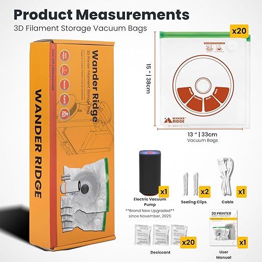 3D Printer Filament Storage Bags Vacuum Storage Bags Kit 3D Printer Accessories with 20 Storage Bags (13x15 inches), 20 Desiccants, Auto Pump, 2 Sealing Clips, Dust Proof, Humidity Resistant