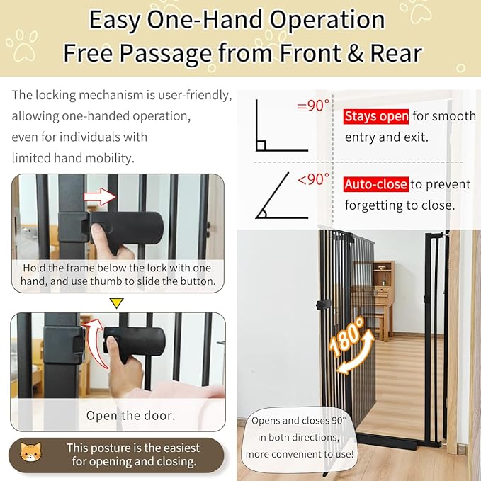 Lumizone Extra Tall Cat Gate 61.02" High Pressure Mounted Extra Wide 2025 New (17 Sizes) 1.37" Gap No Drilling Auto-Close One-Handed Operation Tall Pet Gate for Dogs(Black, 61.02" H x 42.52"-46.64" W)