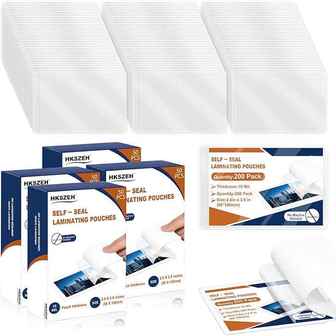 200 Pack 10 Mil 2.6"x3.9" Self Sealing Laminating Pouches Plastic Laminating Sheets Business Card Size Clear Lamination Paper for Office School Home Supplies Glossy Finish(No Laminator Need)