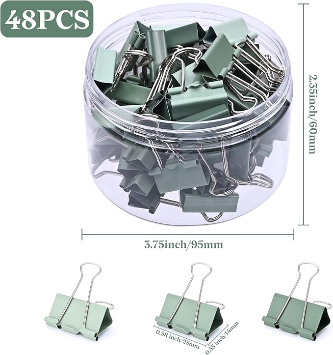 Temiary Aesthetic Binder Clips, 48 Pcs 0.98 Inches Small Metal Binder Clip with Clear Storage Container, Binding Paperwork Clamps for School Teachers Office Supplies (Green)