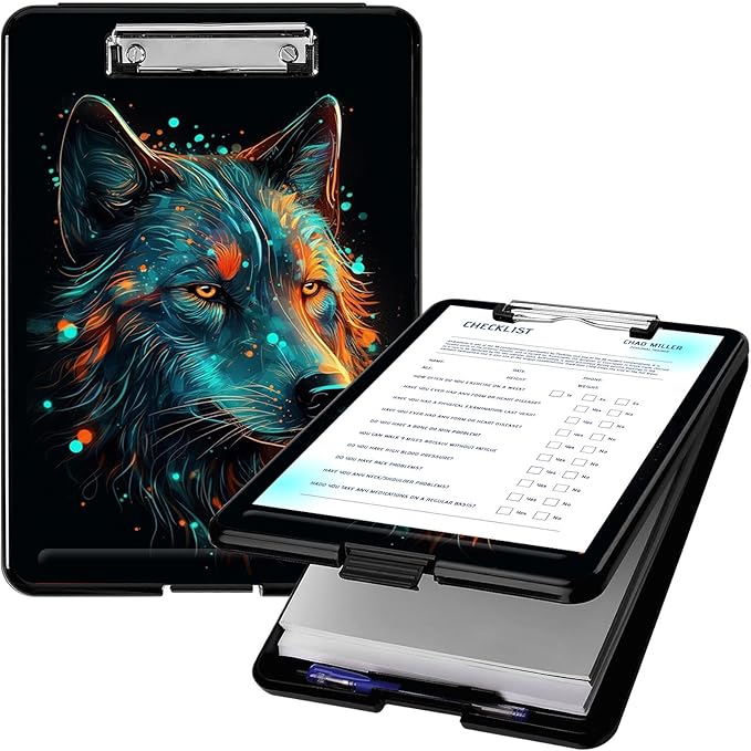 Clipboard with Storage, High Capacity Plastic Storage Clipboard with Pen Holder for Women Teachers Work, School & Office Supplies, Cute Pattern Decorative Clipboards, Colorful Wolf