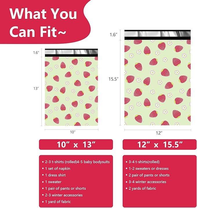 Poly Mailers 12x15.5 Inch 50 Pcs - Strawberries printed Shipping Bags, 2.4mil Thickness, Waterproof and Tear Resistant Mailing Envelopes, Self-Sealing Packaging Bags for Small Business
