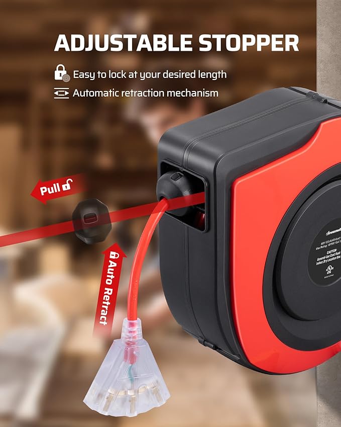 DEWENWILS Retractable Cord Reel, 60FT Heavy Duty Extension Cord, 12AWG/3C SJTOW, 3 Grounded Outlets Lighted Triple Tap, 15A Circuit Breaker, Wall/Ceiling Mounted for Garage, Workshop, UL Listed, Red