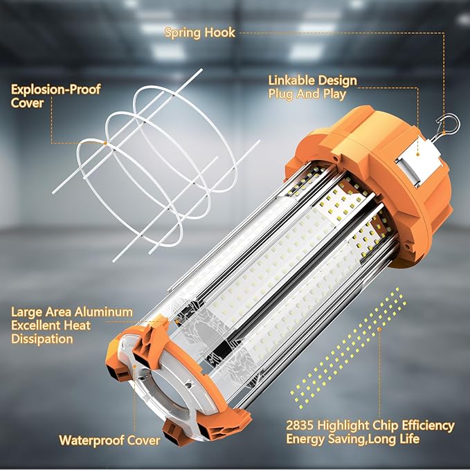250W LED Temporary Work Light 37500Lm 5000K Construction Lights Led Work Light IP65 Dust Waterproof Portable Lights with Stainless Steel Guard Hook for Mine Wharf Job Site Garage Factory Lighting