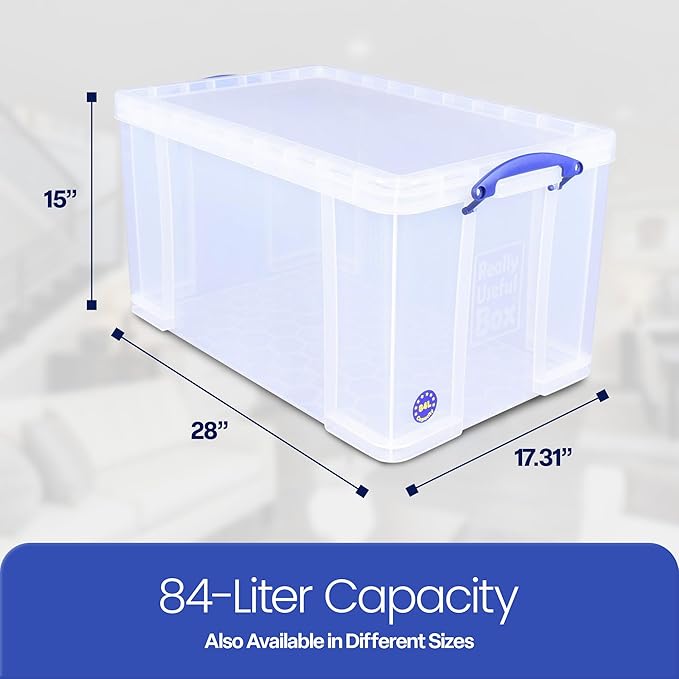 Really Useful Box 84 Liters Storage Container with Snap Lid and Clip Lock Handle for Lidded Home and Item Storage Bins, 6 Pack, Clear