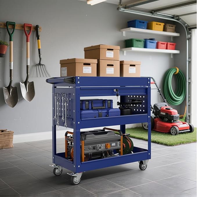 3 Tier Rolling Tool Cart on Wheels, 450 LBS Capacity Tool Cart with Drawers, Heavy Duty Rolling Utility Cart on Wheels, Rolling Tool Work Carts for Garage, Warehouse and Repair Shop,Blue