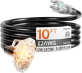 10 ft 12 Gauge 3 Outlet Extension Cord Splitter with Indicator, Waterproof Indoor/Outdoor Extension Cord with Multiple Outlets, 15A 1875W for Home & Workshop, ETL Listed, Flexible Black SJTW