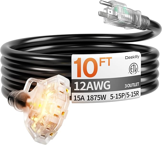 10 ft 12 Gauge 3 Outlet Extension Cord Splitter with Indicator, Waterproof Indoor/Outdoor Extension Cord with Multiple Outlets, 15A 1875W for Home & Workshop, ETL Listed, Flexible Black SJTW