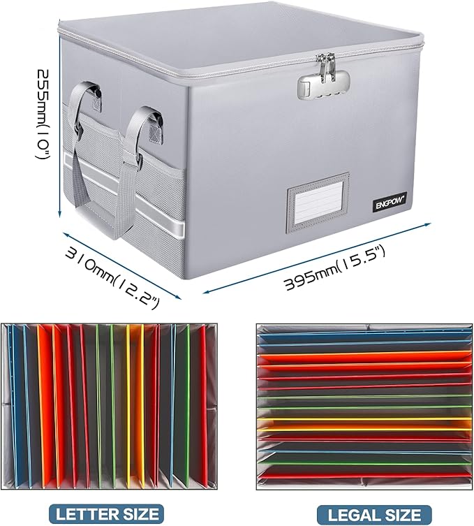 ENGPOW File Box with Lock, Fireproof Document Box with Zipper＆Pockets, Collapsible File Organizer Filing Storage Cabinet with Handle, Portable Home Office Safe for Hanging Letter/Legal Folder,Silver