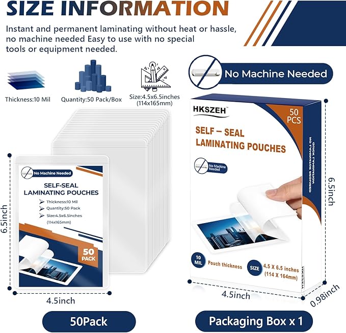 50 Pack 10 Mil 4"x6" Self Sealing Laminating Pouches Self Adhesive Lamination Pouches Clear Laminate Sheets for Office School Home Supplies(No Heat Laminating Sheets & No Laminator Machine Need)