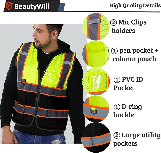 BeautyWill 10 Pack Custom Mesh Safety Vest Customized Logo Class2 High Visibility Reflective Vest with Pockets Construction workwear（Yellow Black，3XL ）