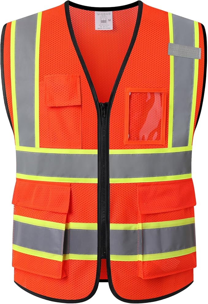 Safety Vest for Men Women Reflective with 5 Pockets and Zipper Front Mesh High Visibility Vest Hi Vis Construction Work Vest,Meets ANSI/ISEA Standards(EK175-Orange-XL)