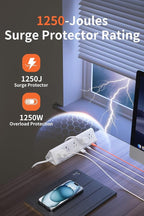 10 FT Desk Clamp Power Strip with 5 AC Outlets & 6 USB Ports PD 40W USB-C Fast Charging, 1250J Surge Protector, Fits 2.6 in top Edge White