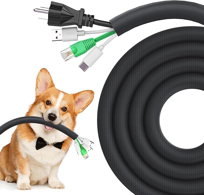 Dog Cat Cord Protector 10ft - 1/2inch, Flexible Cable Sleeve for Easy Cord Management, Protects Cables from Pets Chewing, Ideal for USB, Power, Audio and Video Cords - Black