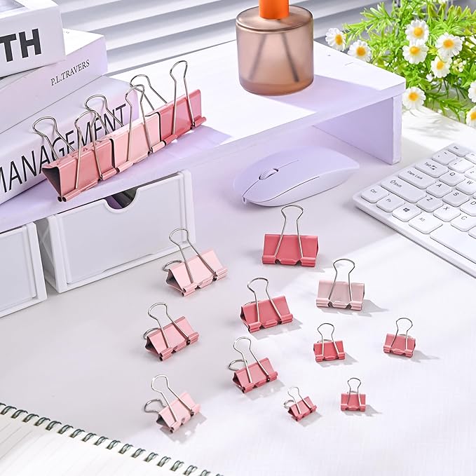 Temiary Aesthetic Binder Clips, 48 Pcs 0.98 Inches Small Metal Binder Clip with Clear Storage Container, Binding Paperwork Clamps for School Teachers Office Supplies (Pink)