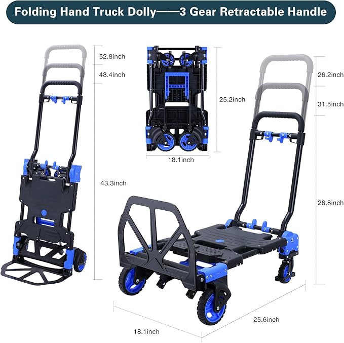 2-in-1 Hand Truck Dolly Foldable,330LB Capacity Hand Dolly,Folding Hand Cart with Retractable Handle,Hand Truck Foldable with 4 Wheels,Portable Handtruck