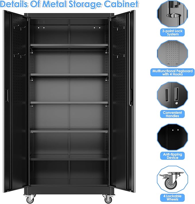 SUXXAN Metal Garage Storage Cabinet with Wheels and Pegboard 71'' x 34'' x 18'', Lockable Rolling Steel Cabinet with 5 Adjustable Shelves and Door for Garage, Office, Kitchen, Assembly Required(Black)