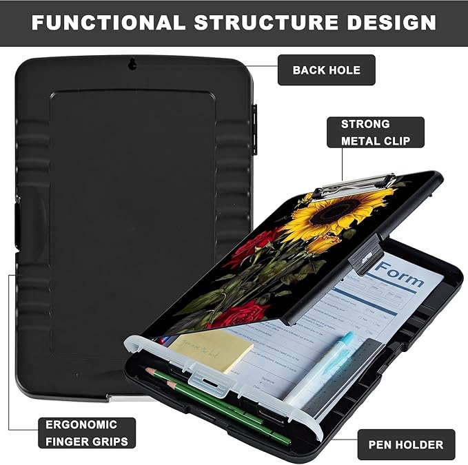 Clipboard with Storage,Heavy Duty Plastic Storage Clipboard with Low Profile Clip,Teacher Must Haves,Office Supplies,Sunflower Roses Flowers