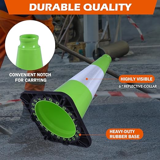 6 Pack 18 Inch Green Reflective Traffic Cones, Durable Black Base Safety Cones for Parking Lots, Sports Fields and Yard Markers (6, Green, 18 Inch)