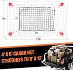 Truck Bed Cargo Net - 4' x 6' Stretches to 8' x 12', Heavy Duty Pickup Truck Bed Cargo Netting, Latex Bungee Net Mesh with Storage Bag, 12 Metal Carabiners, 12 ABS Hooks for SUV, Trailer, Roof Rack