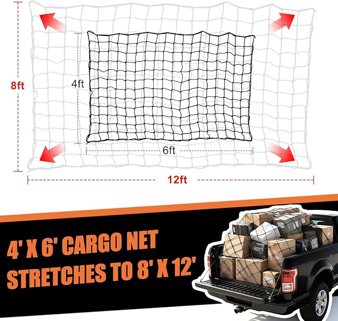 Truck Bed Cargo Net - 4' x 6' Stretches to 8' x 12', Heavy Duty Pickup Truck Bed Cargo Netting, Latex Bungee Net Mesh with Storage Bag, 12 Metal Carabiners, 12 ABS Hooks for SUV, Trailer, Roof Rack