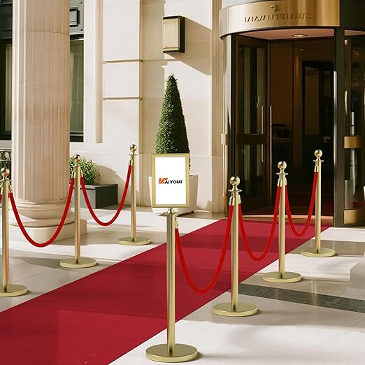 kaiyomi 6Pcs Stanchions Posts Velvet Ropes with Red Carpet and Sign Frame, Water or Sand-Fillable Base, Suitable for 8.5" x 11" A4 Paper Size Sign Frame for Red Carpet Party Decoration (Golden)