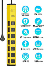 CRST 6-Outlet Heavy Duty Power Strip with USB and Individual Switches, 1200 Joules Metal Mountable Surge Protector Power Strip 15A Circuit Breaker, 6FT Extension Cord for Garage, Workshop, School