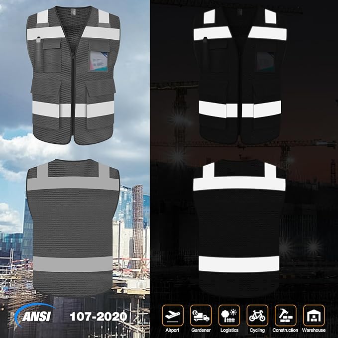 TCCFCCT Mesh Construction Vest 5 Pockets Reflective Safety Vest for Men Women, High Visibility Work Vest with Tabs for Walkie-talkie, Durable to Use, Meets ANSI/ISEA, Grey, S