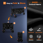48" L Folding Beach Wagon Cart Foldable, 560lbs Weight Capacity 300L Heavy Duty Collapsible Wagons with Big All-Terrain Wheels, Utility Carts for Groceries, Shopping, Camping, Sports - Black