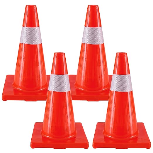 Traffic Safety Cones 18 Inch 4 Pack - Orange Road Parking Cones with Reflective Collars, Heavy Duty PVC Construction Cone Structurally Stable for Road Parking, Traffic Control, Driveway