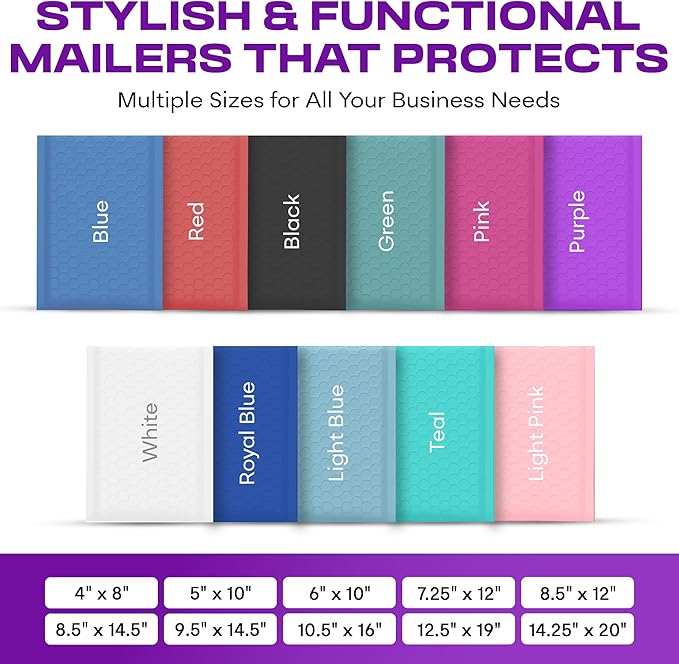 Purple 12.5x19.5 Inch Large Poly Bubble Mailers #6 | Padded Envelopes with Self Seal | Air Lined Cushioned Bubble Mailer | Usable Size 12.5x15 | 50 Pack Bulk | Lightweight shipping Bags