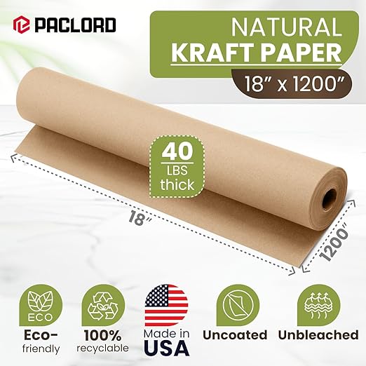 18" x 1200" (100 ft) Natural Kraft Paper Roll – USA Made Non-Toxic, Odorless, 100% Recyclable Brown Wrapping Paper for Shipping, Packaging, Crafting & Gift Wrapping