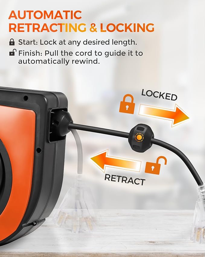 Retractable Cord Reel, 75 FT Heavy Duty Extension Cord, 14AWG/3C SJTOW, 3 Grounded Outlets Lighted Triple Tap, 10A Circuit Breaker, Wall/Ceiling Mounted, UL Listed, Black B75CR06