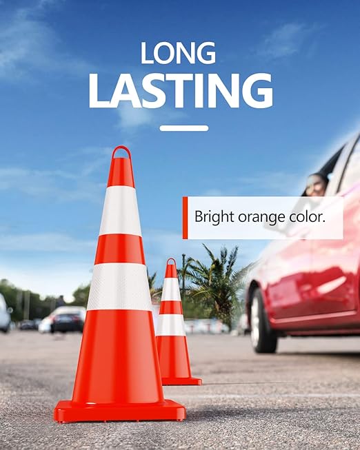 BATTIFE 12 Pack Traffic Safety Cones 28 Inches with Reflective Collars, PVC Orange Construction Cone for Traffic Control, Driveway Road Parking