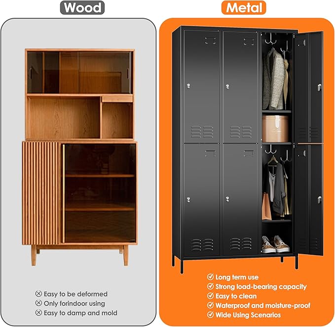 6 Doors Metal Locker for Employees with 18 Hooks,Metal Locker with Business Card Holder forOffice Gym Home,Assembly Required,Black