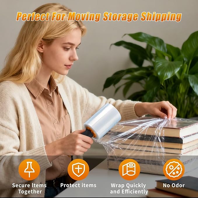 Stretch Film Shrink Wrap for Moving Supplies (5inch, 4 Pack) x 1000ft, Industrial Strength Plastic Wrap Stretch Roll for Pallet Wrapping Shipping Moving Boxes Storage Furniture with Handles, Clear
